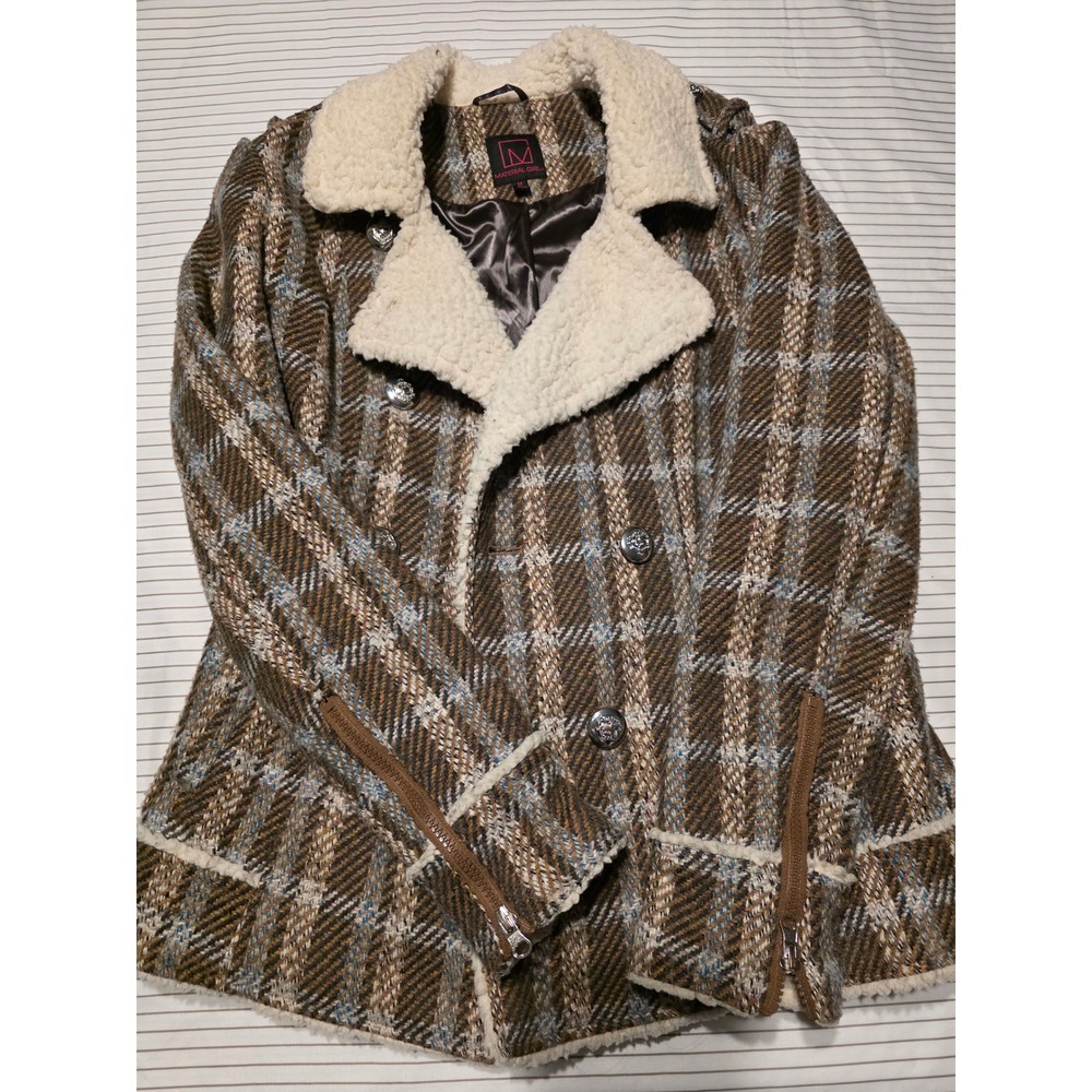 1178 Material Girl Brn Plaid Sherpa Double Breasted Pea Coat Jacket Womens M